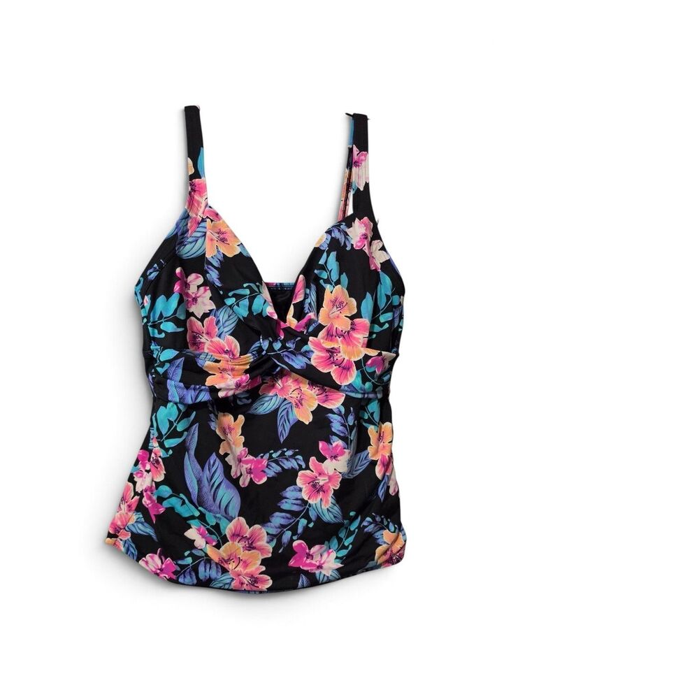 Lands End Womens Adjustable Strap Palm Tropical Underwire Tankini Swim Top Sz 16